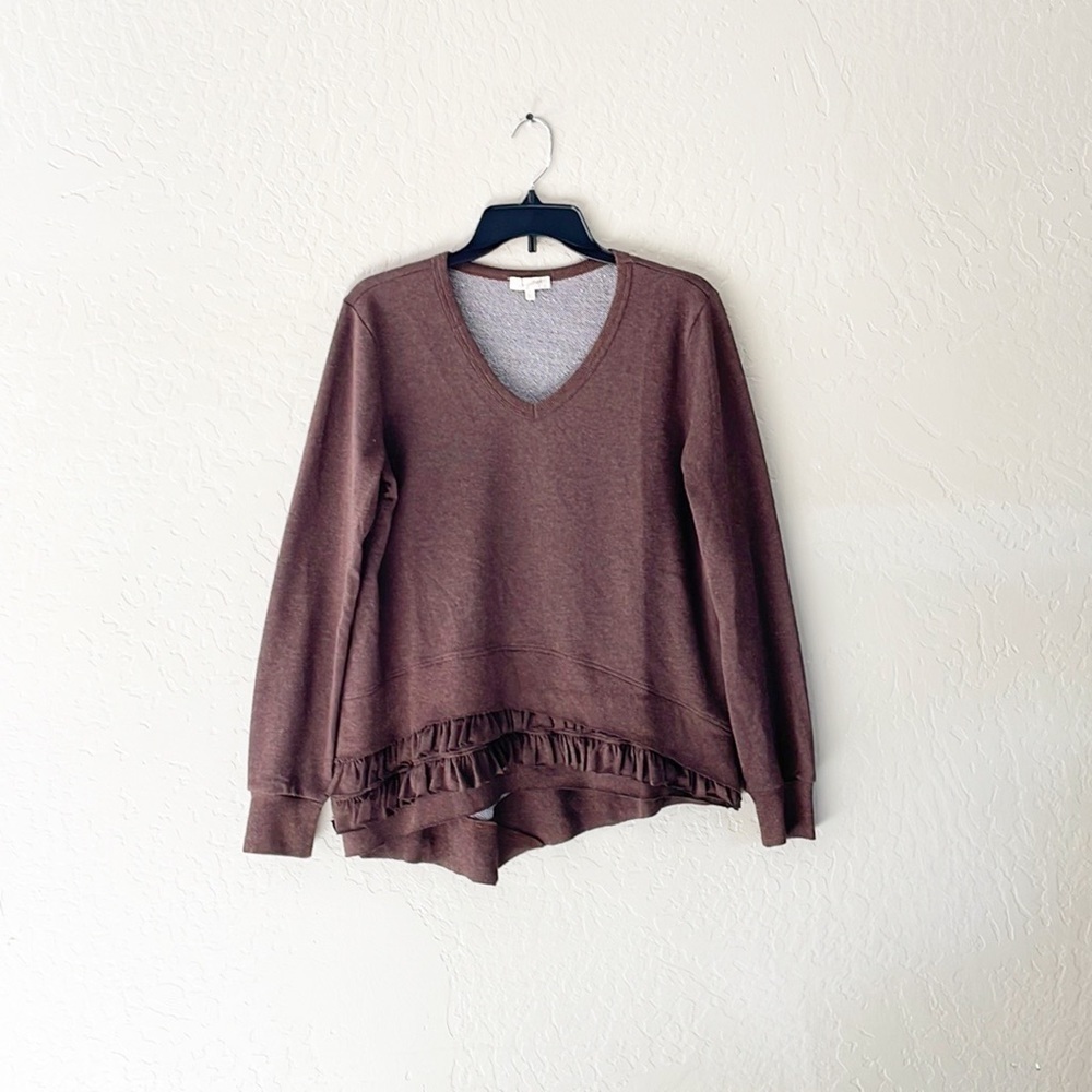 🌿Final Sale Anthro Mystree Brown‎ V Neck Ruffle Trim Sweater - Picture 2 of 12